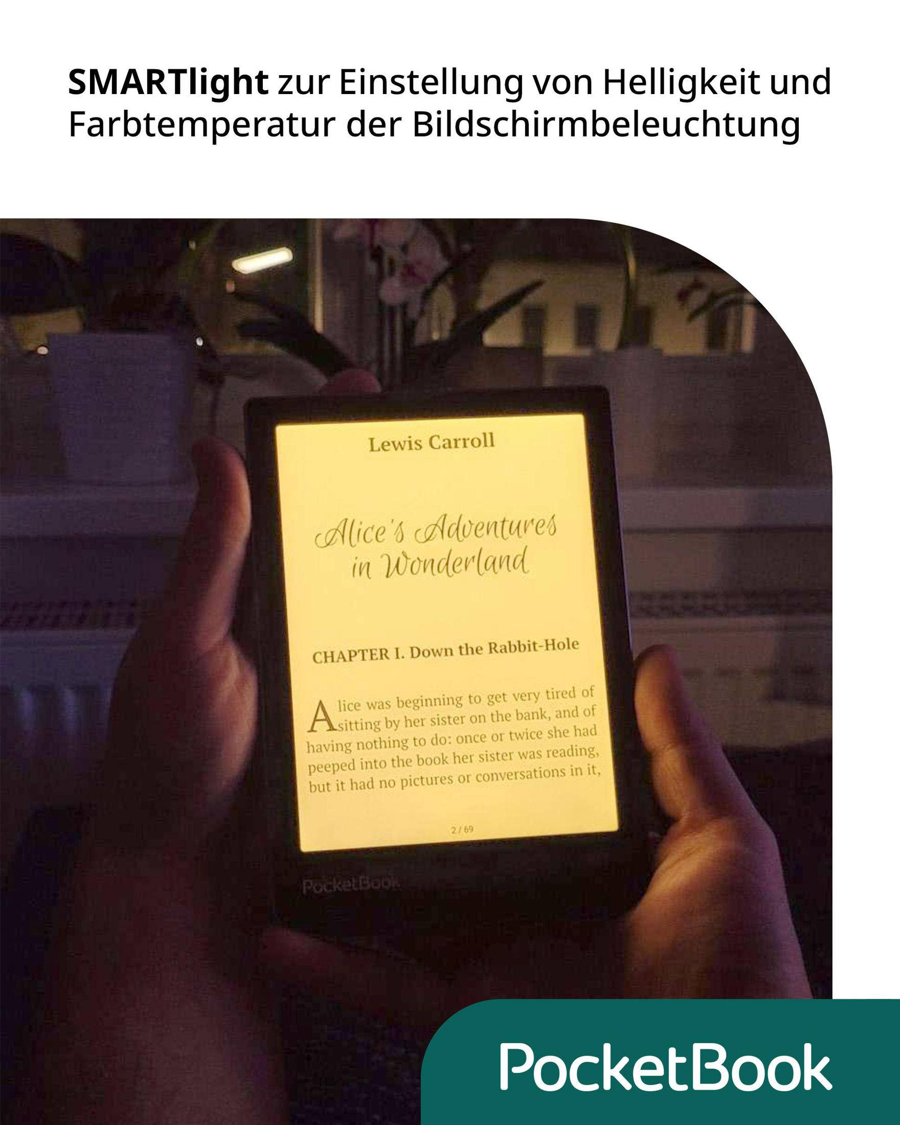 Person holding an e-reader displaying text from "Alice's Adventures in Wonderland".
