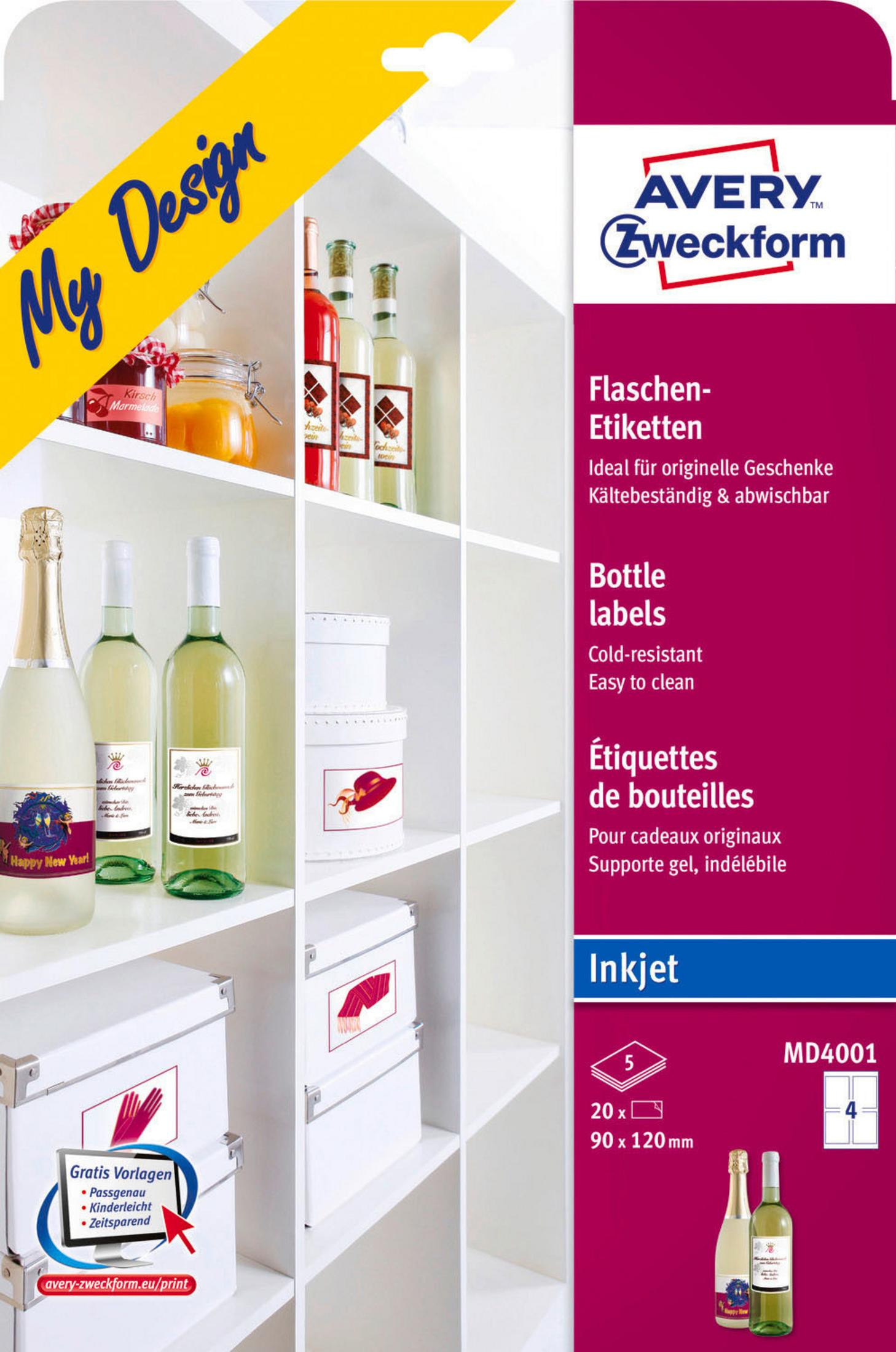 Flaschenetiketten auf einem Regal. Champagner und Weißwein. Gelbes Banner mit Aufschrift My Design.