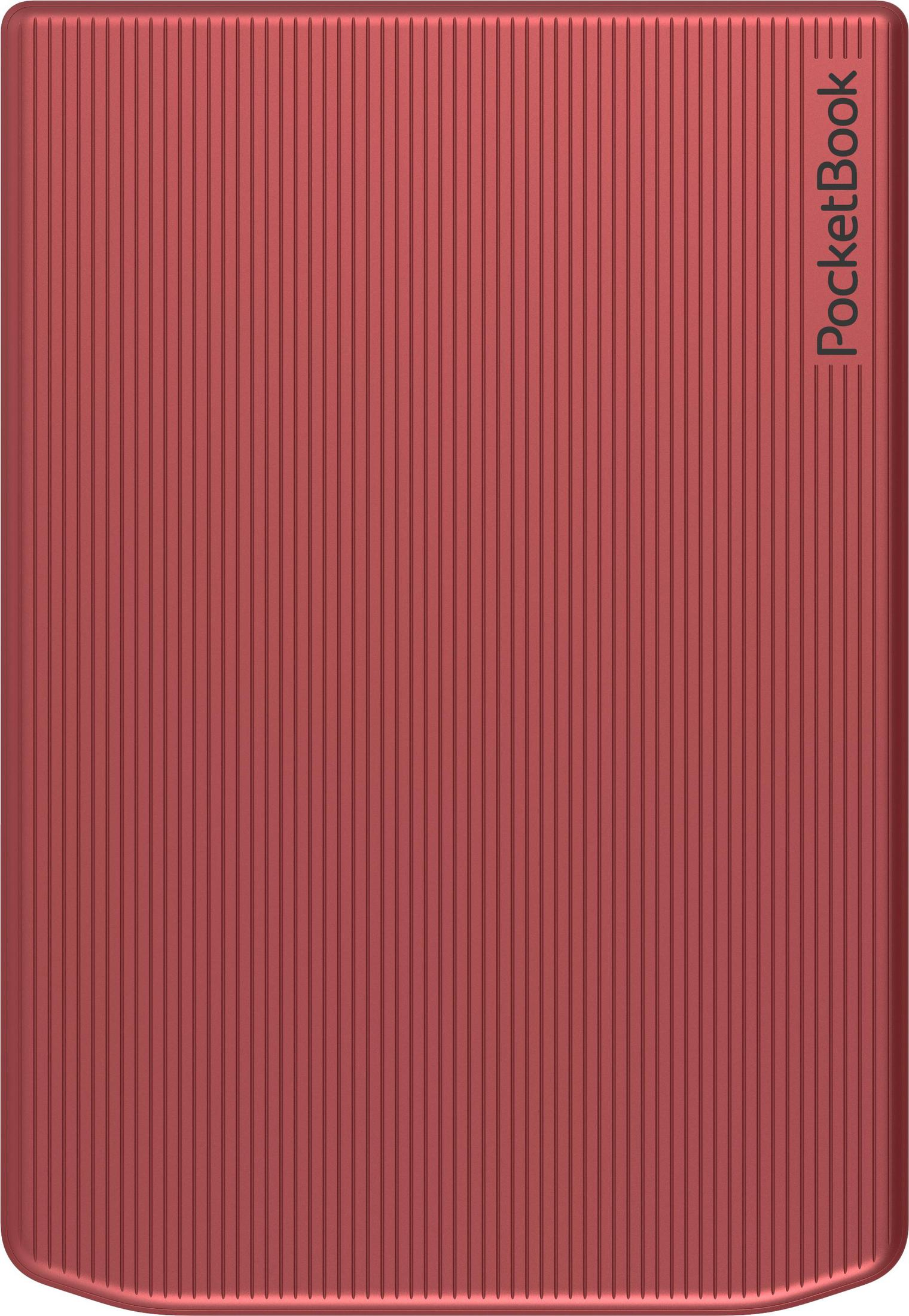 Roter PocketBook E-Reader mit vertikalen Linien auf dem Cover und PocketBook-Logo an der Seite.