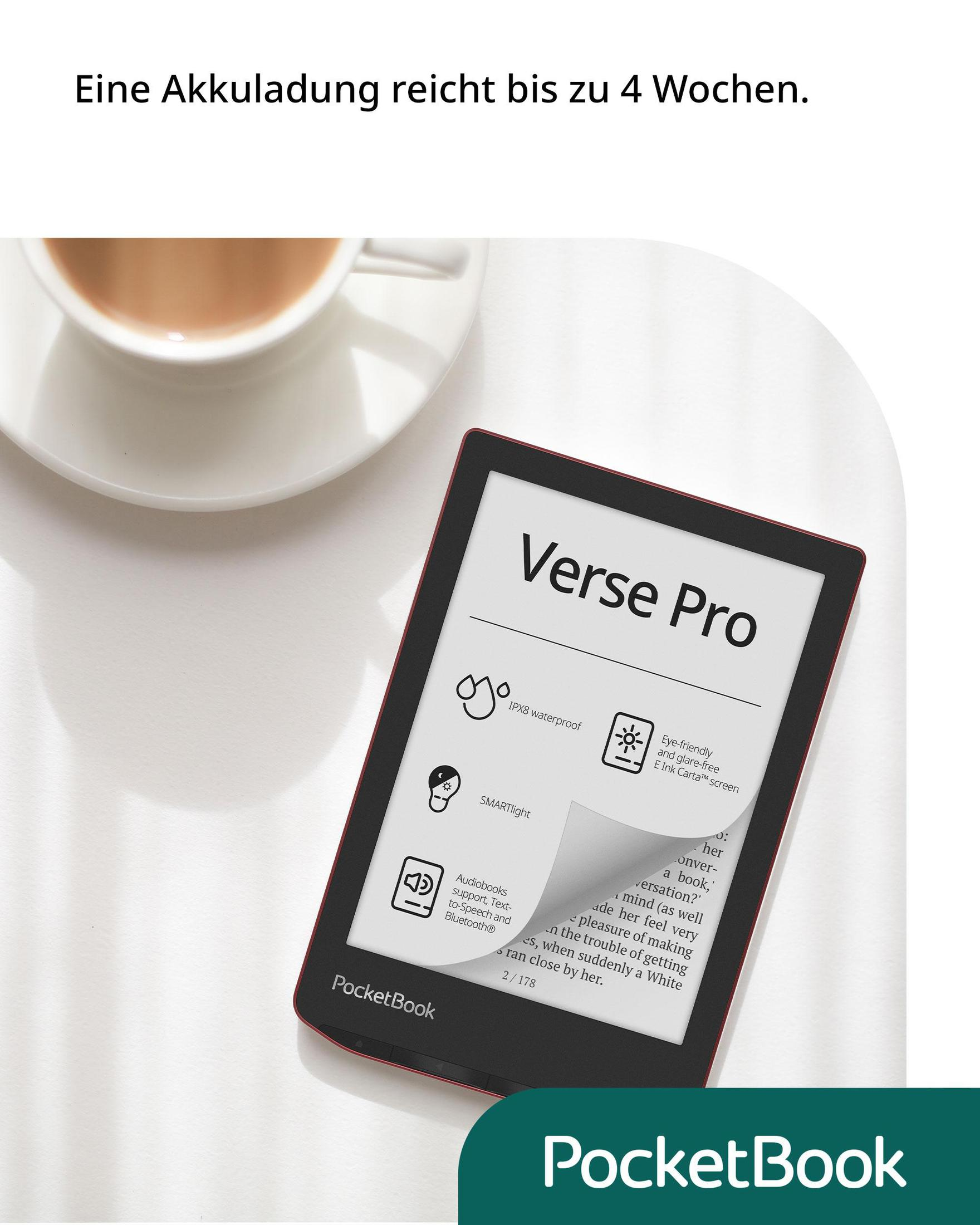 Schwarzer E-Reader mit dem Text 'Verse Pro' auf dem Bildschirm. Eine Tasse ist in der oberen linken Ecke sichtbar.