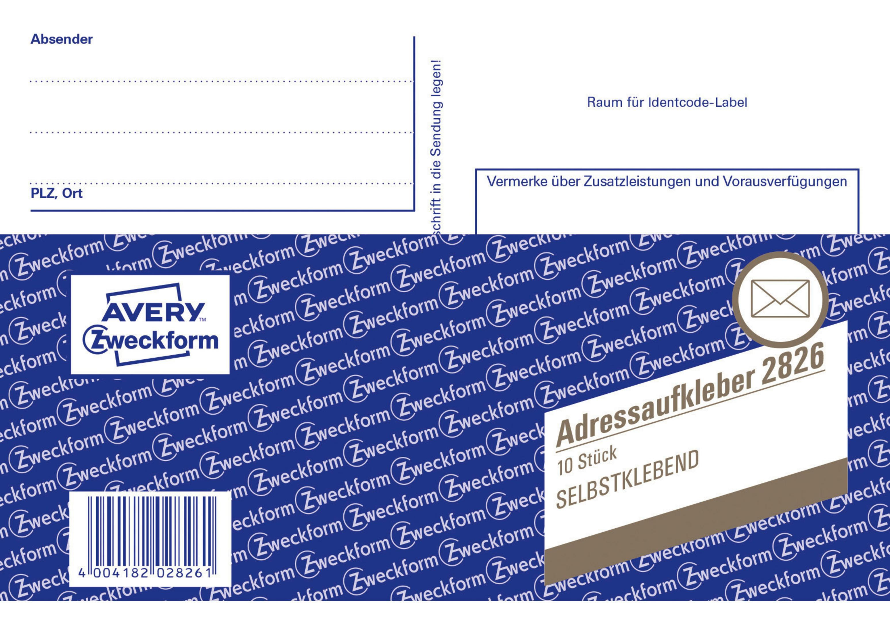 Avery Zweckform Etikettenbogen. Enthält Logo, Barcode und Informationen.