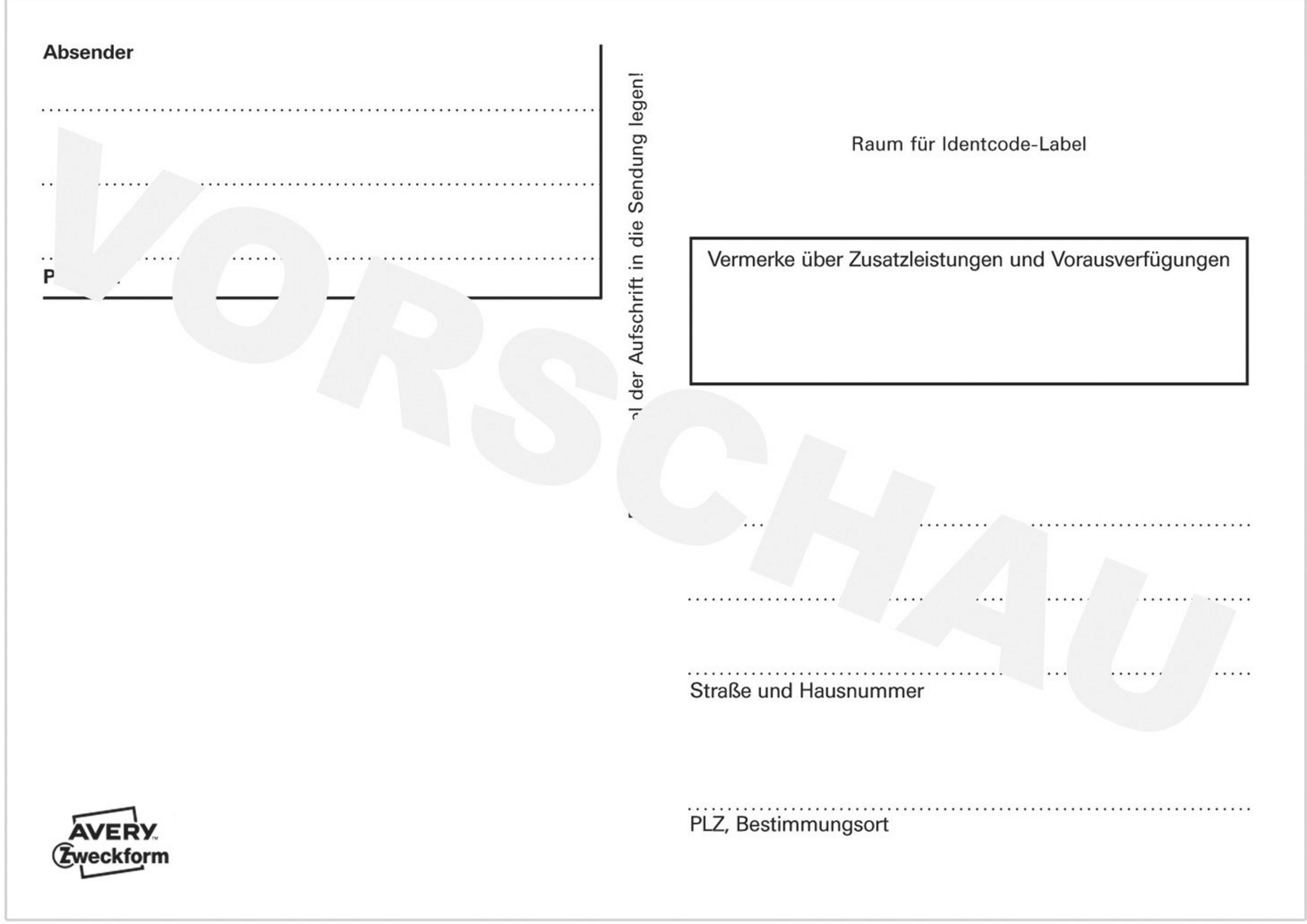 Weißes Papier mit Textfeldern und Linien, mit Avery-Logo.