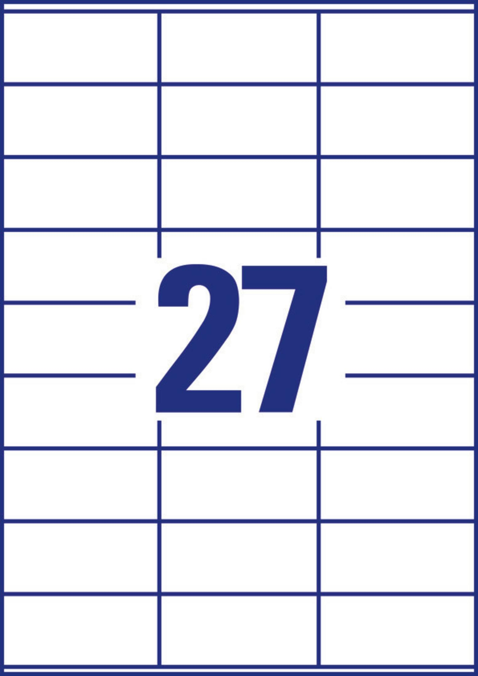 Ein Blatt mit 27 weißen Etiketten mit blauem Raster. Die Zahl 27 befindet sich in der Mitte.