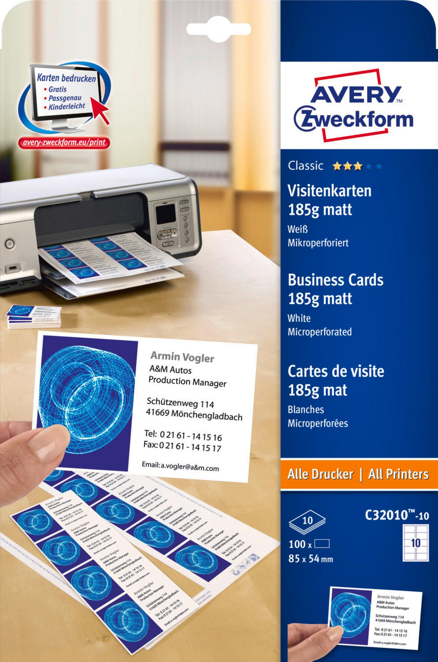 Avery Zweckform Visitenkarten und Drucker, mit einer Hand, die eine Karte hält.