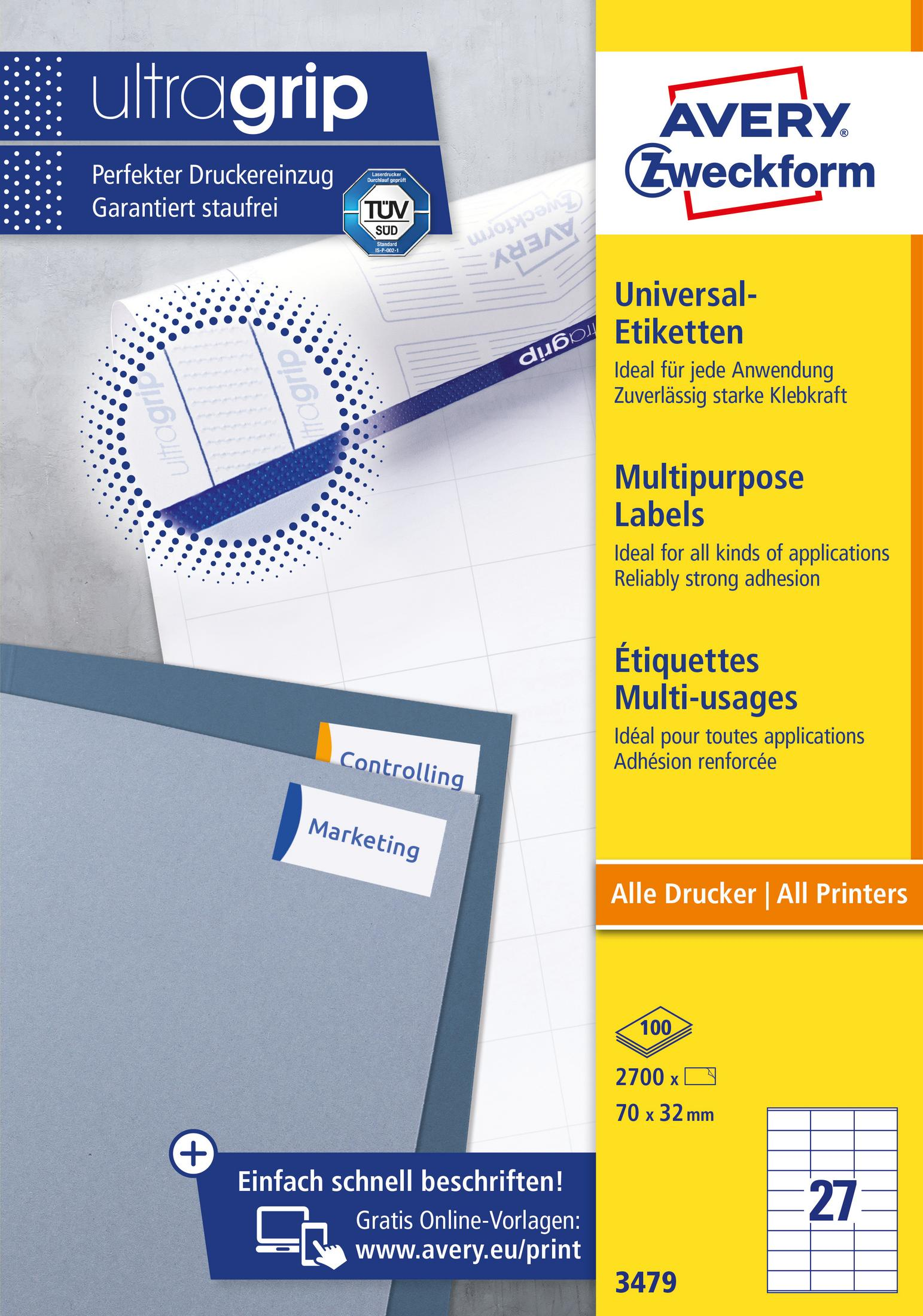 Avery Zweckform Etiketten mit verschiedenen Etikettendesigns und Text.