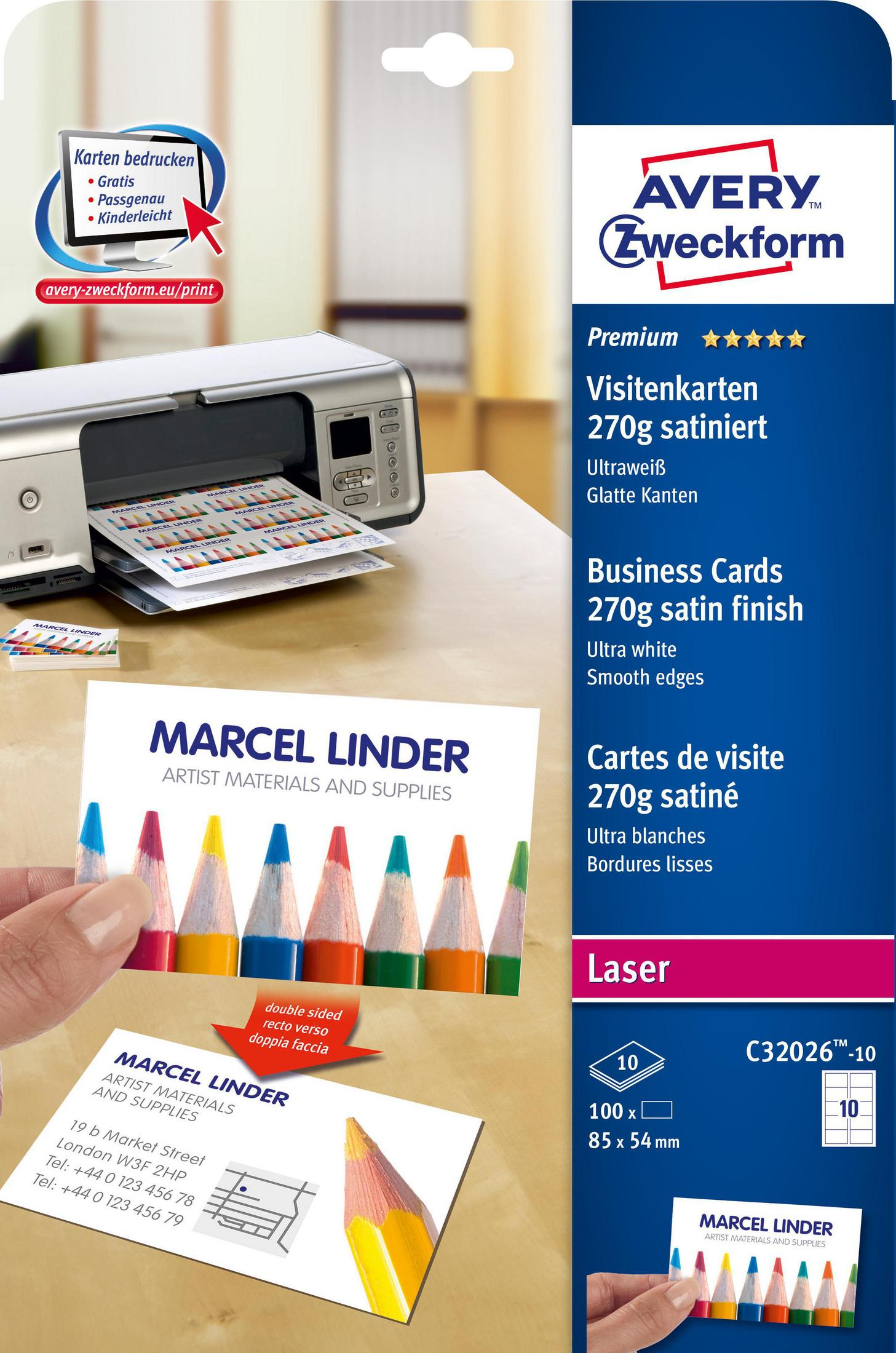 Drucker druckt Visitenkarten, Text und Buntstifte daneben.