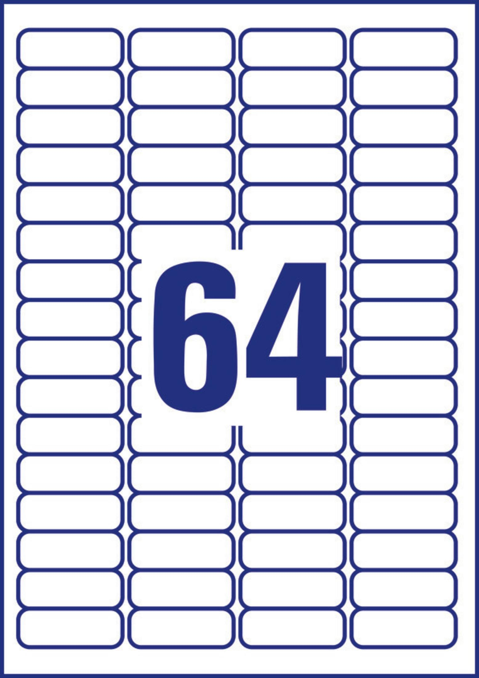 Ein Bogen mit 64 weißen rechteckigen Etiketten mit blauen Rändern. Die Zahl '64' ist blau zentriert.