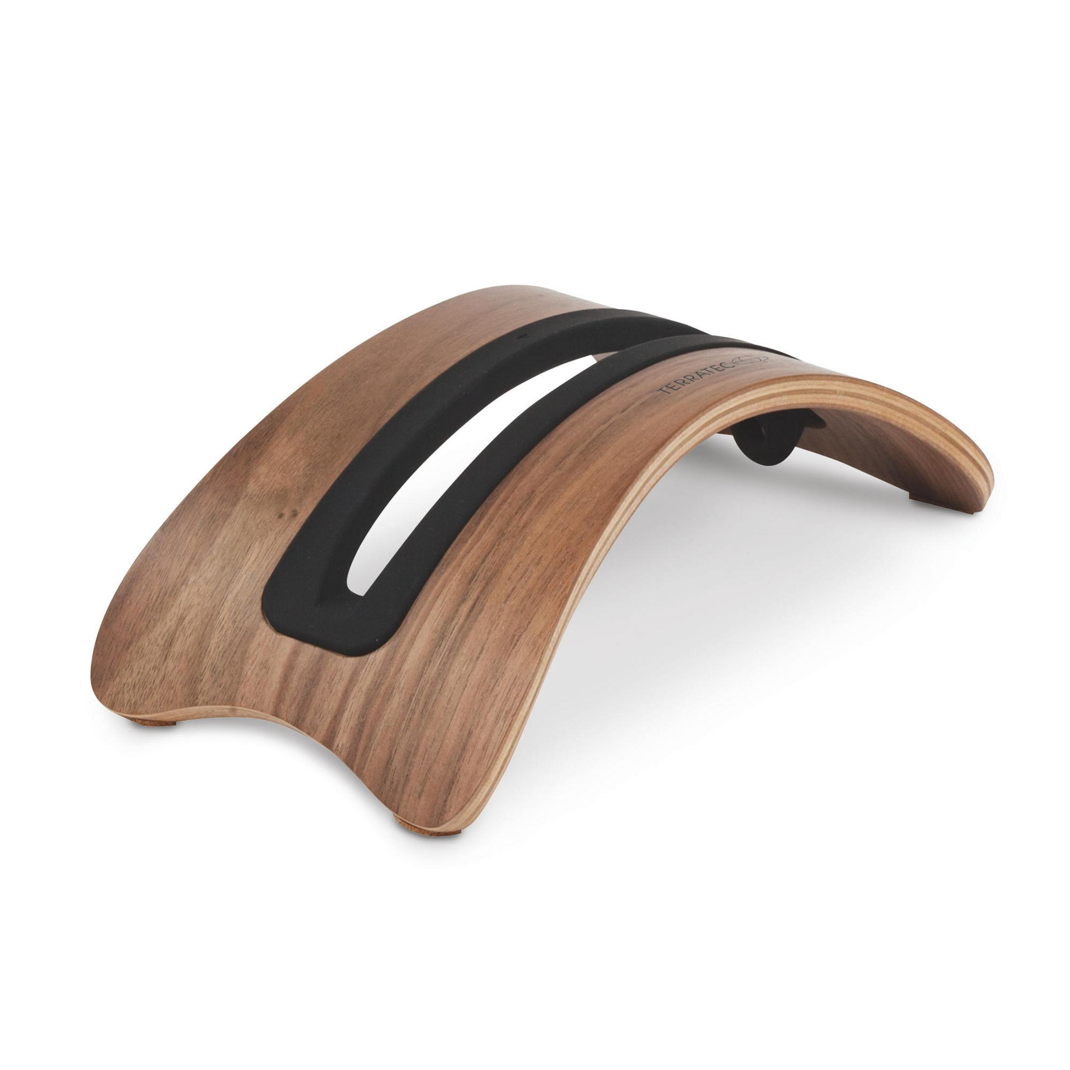 Laptopständer aus Holz mit geschwungenem Design und schwarzen Gummihaltern.