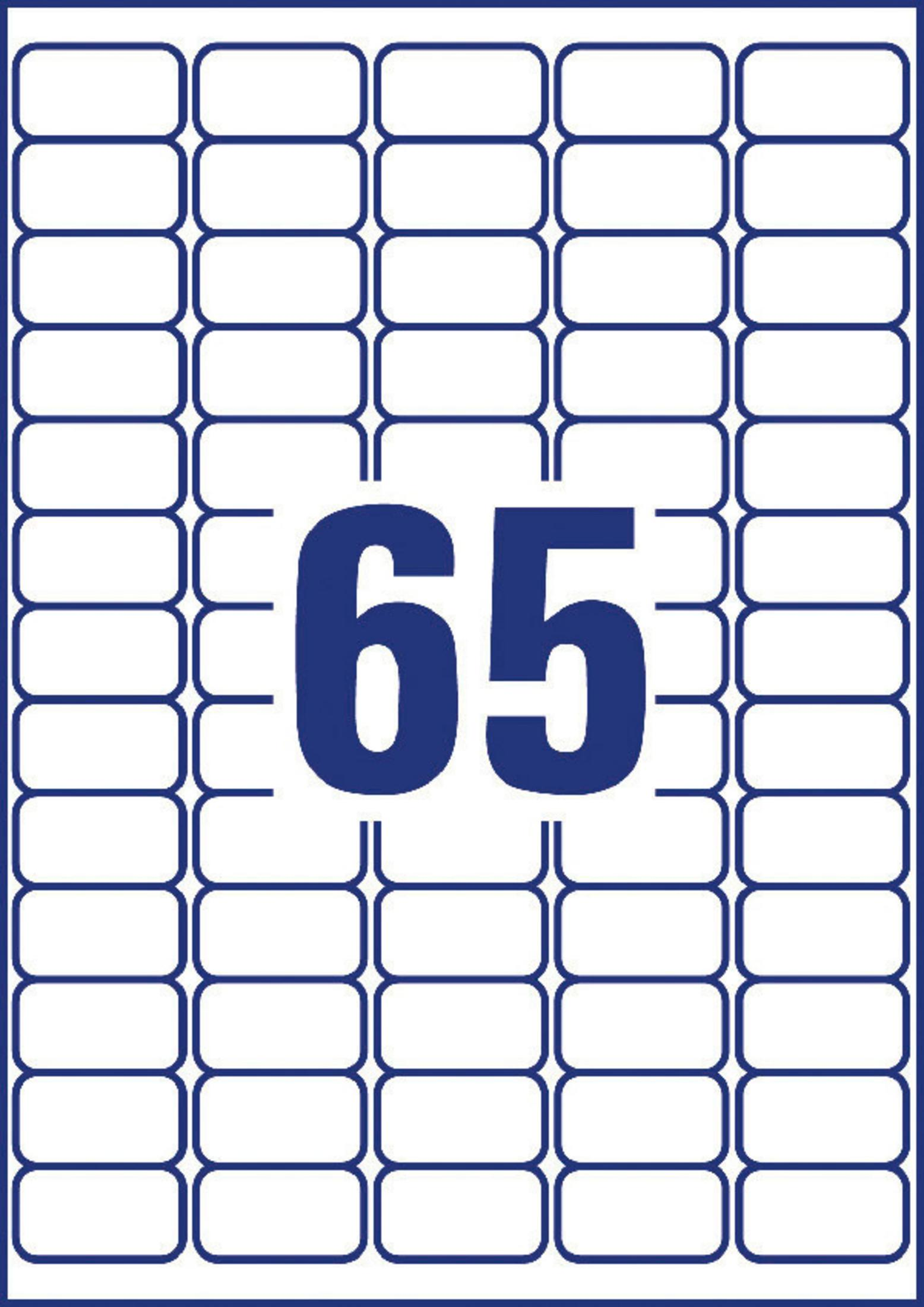 Etikettenbogen mit der Zahl 65 in Blau. Es gibt 65 Etiketten.
