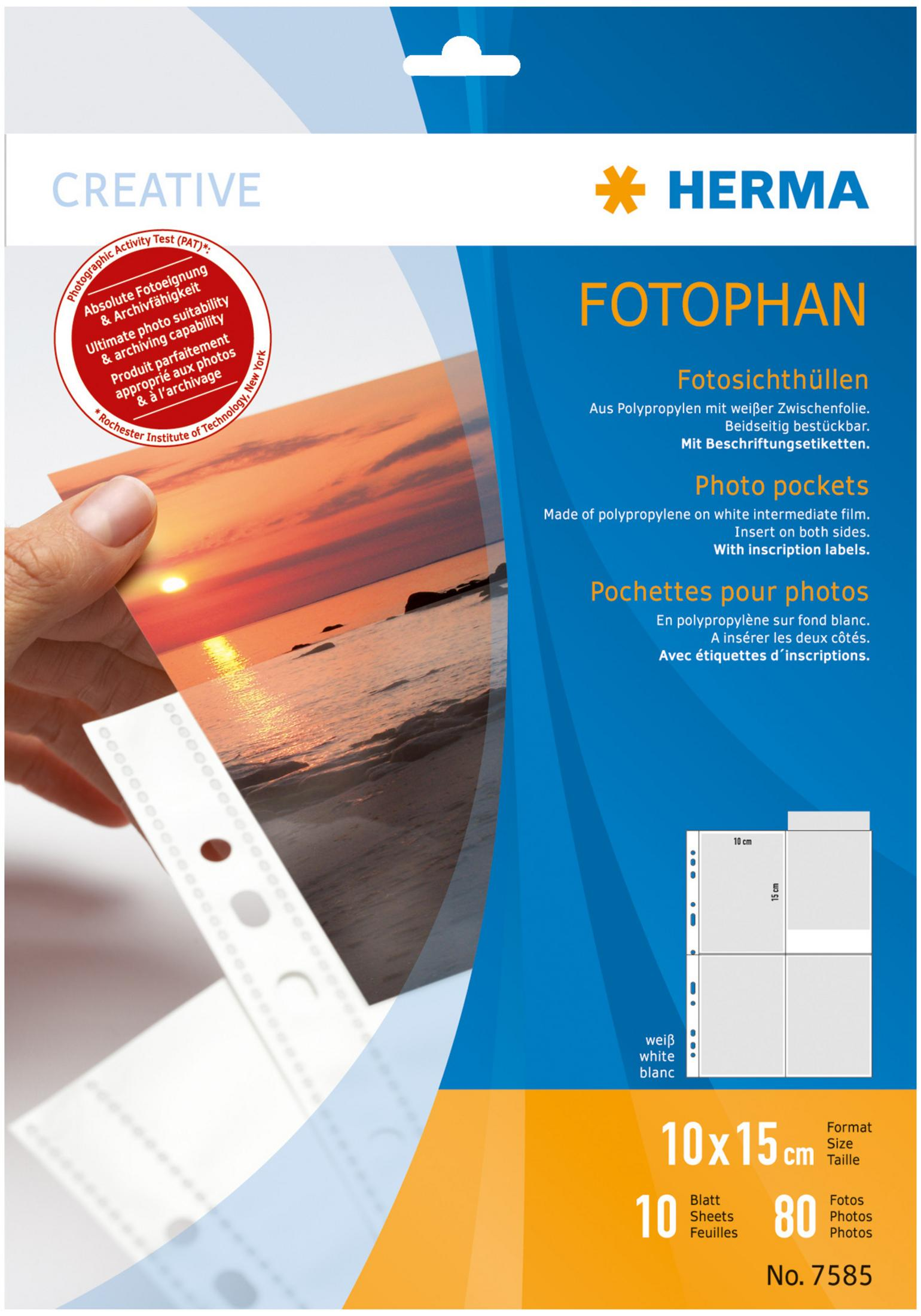 Fototaschen, Marke Herma, mit Fotos. Weißer Hintergrund, 10x15 cm Größe.