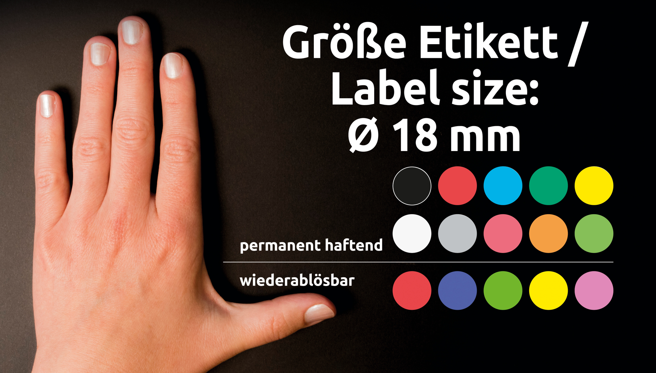 Hand mit Etikettengrößen-Leitfaden. Schwarzer Hintergrund mit Farbmustern und Text.