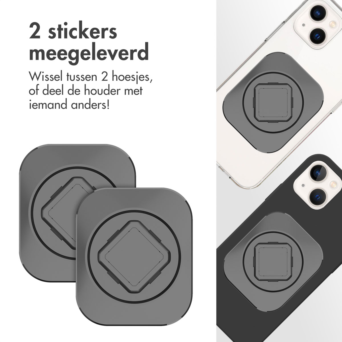 Twee donkergrijze zelfklevende stickers met vierkant midden en tekst, twee telefoons.