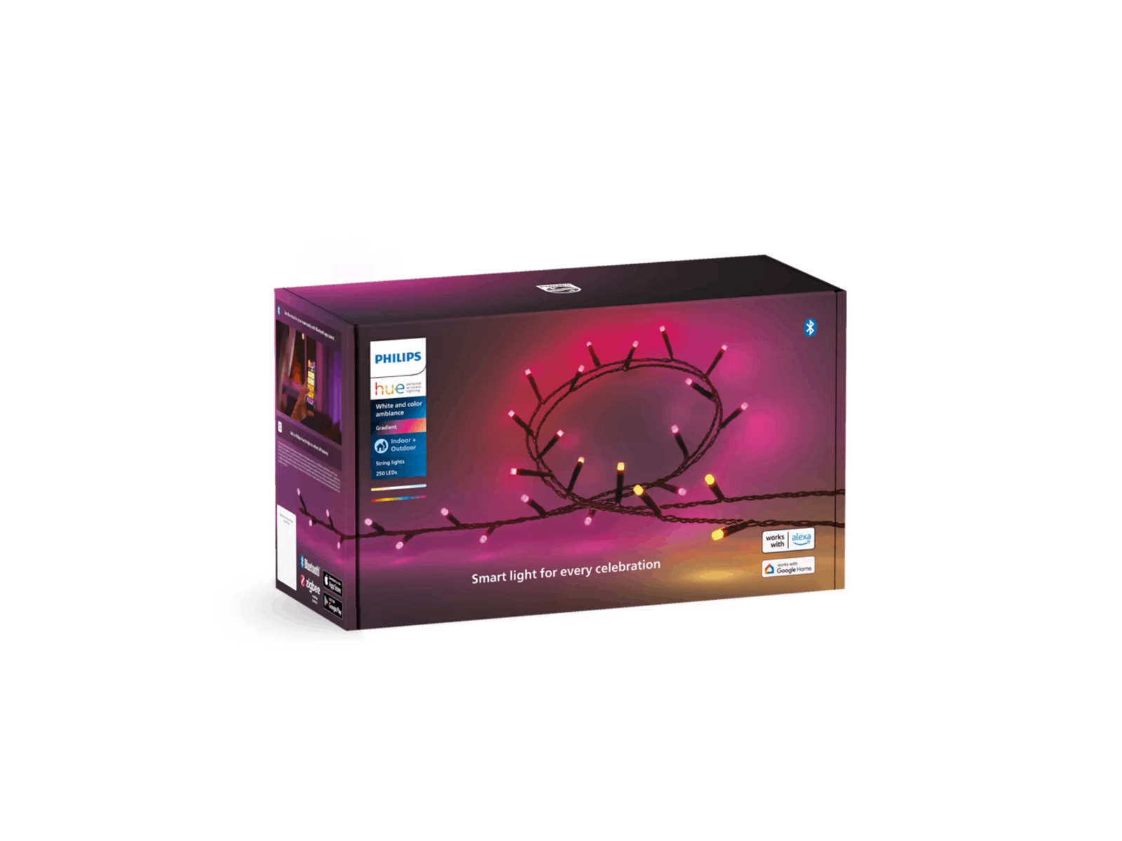 Pudełko lampek choinkowych Philips Hue. Pudełko pokazuje światła i logo Bluetooth.