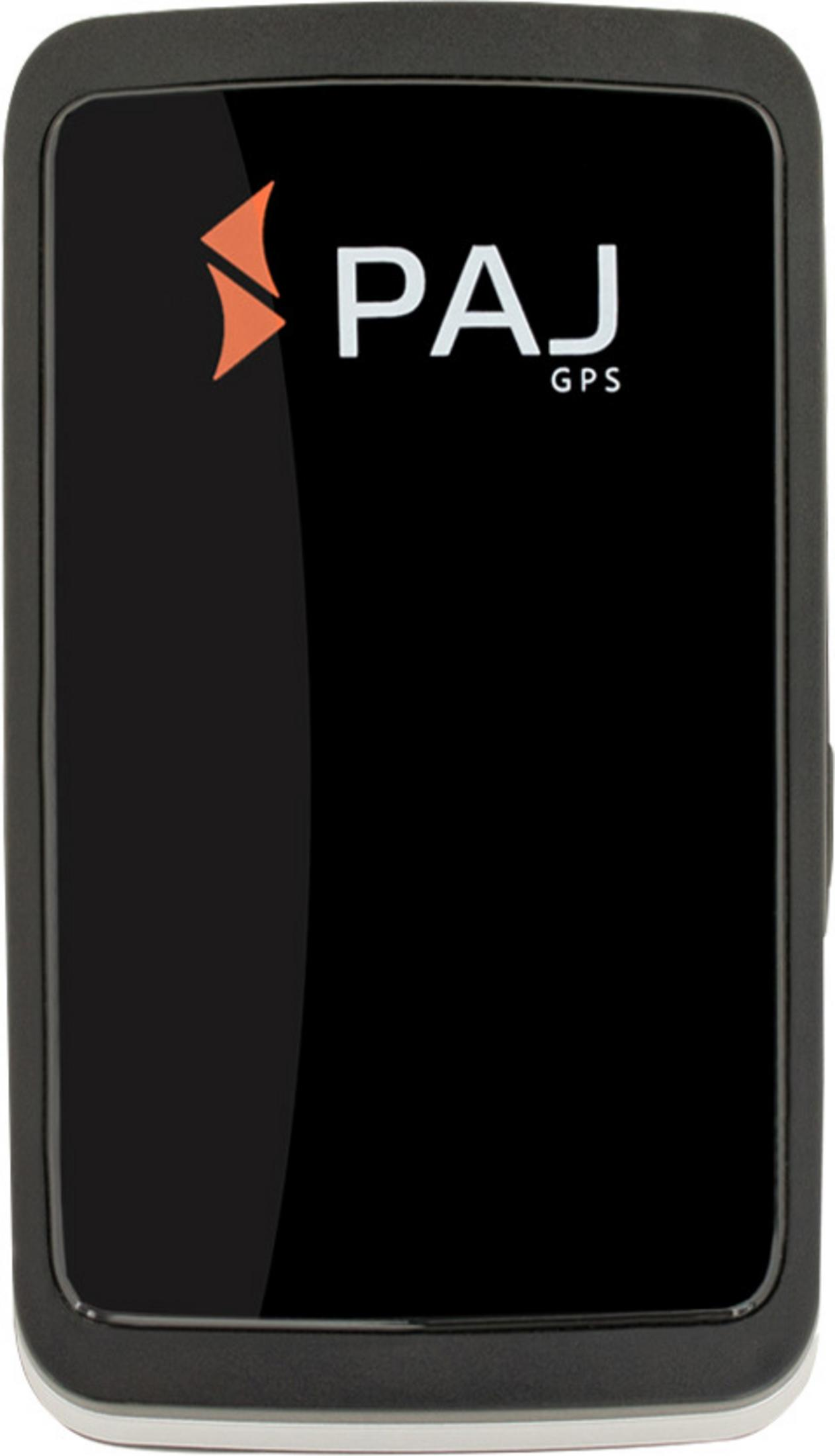 Schwarzes rechteckiges GPS-Gerät. Es hat einen schwarzen Bildschirm mit dem weißen PAJ GPS-Logo.