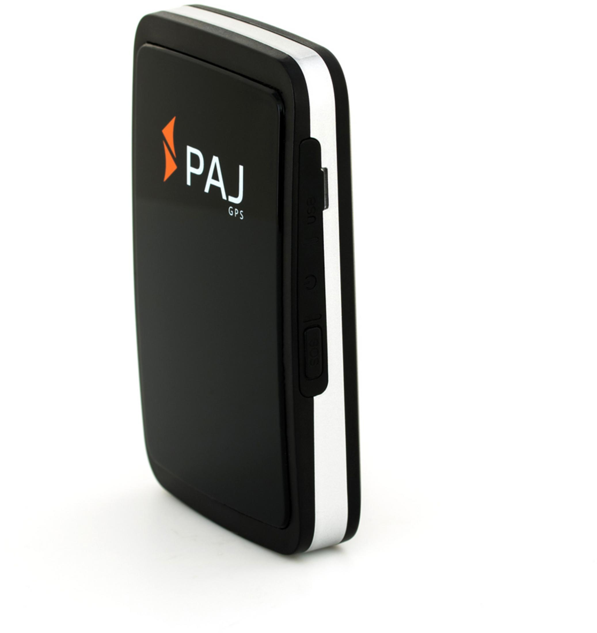 Ein schwarzer GPS-Tracker mit weißem Rand. Er hat ein PAJ GPS-Logo auf der Vorderseite.