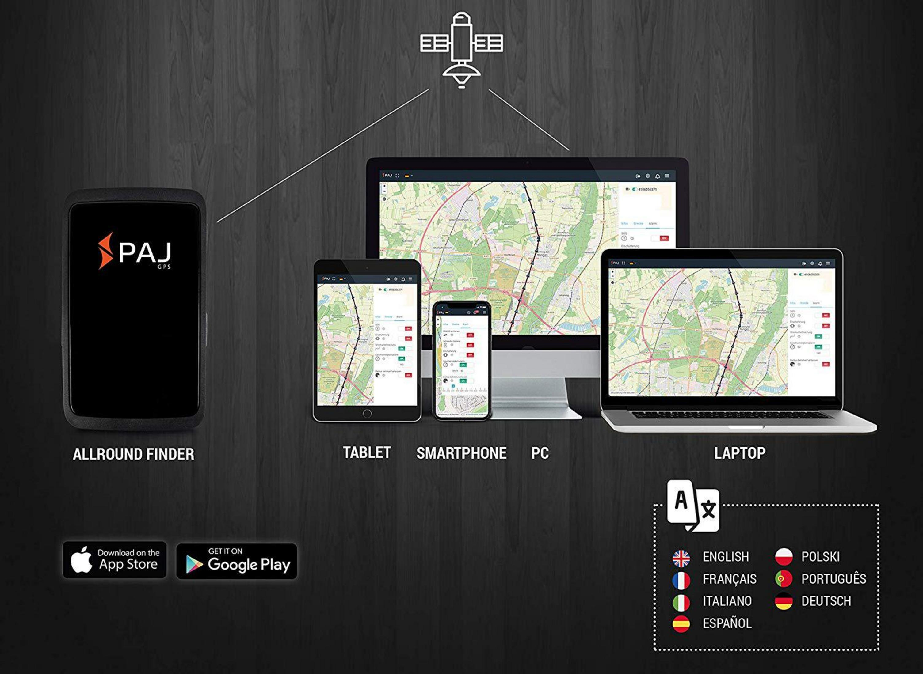 Ein GPS-Tracker-System, dargestellt auf mehreren Geräten: Telefon, Tablet, Laptop und PC.