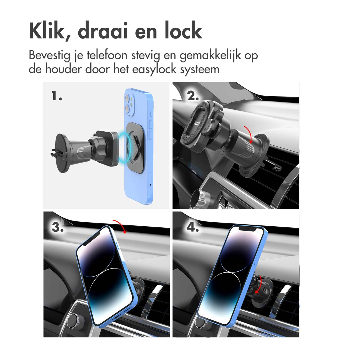 Een reeks van vier afbeeldingen die laten zien hoe een telefoon in een auto wordt gemonteerd.