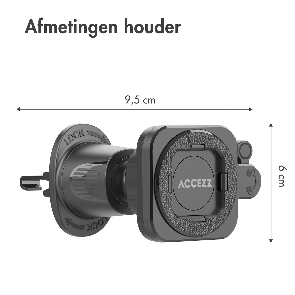 Zwarte houder en de afmetingen ervan. Tekst is in het Nederlands.