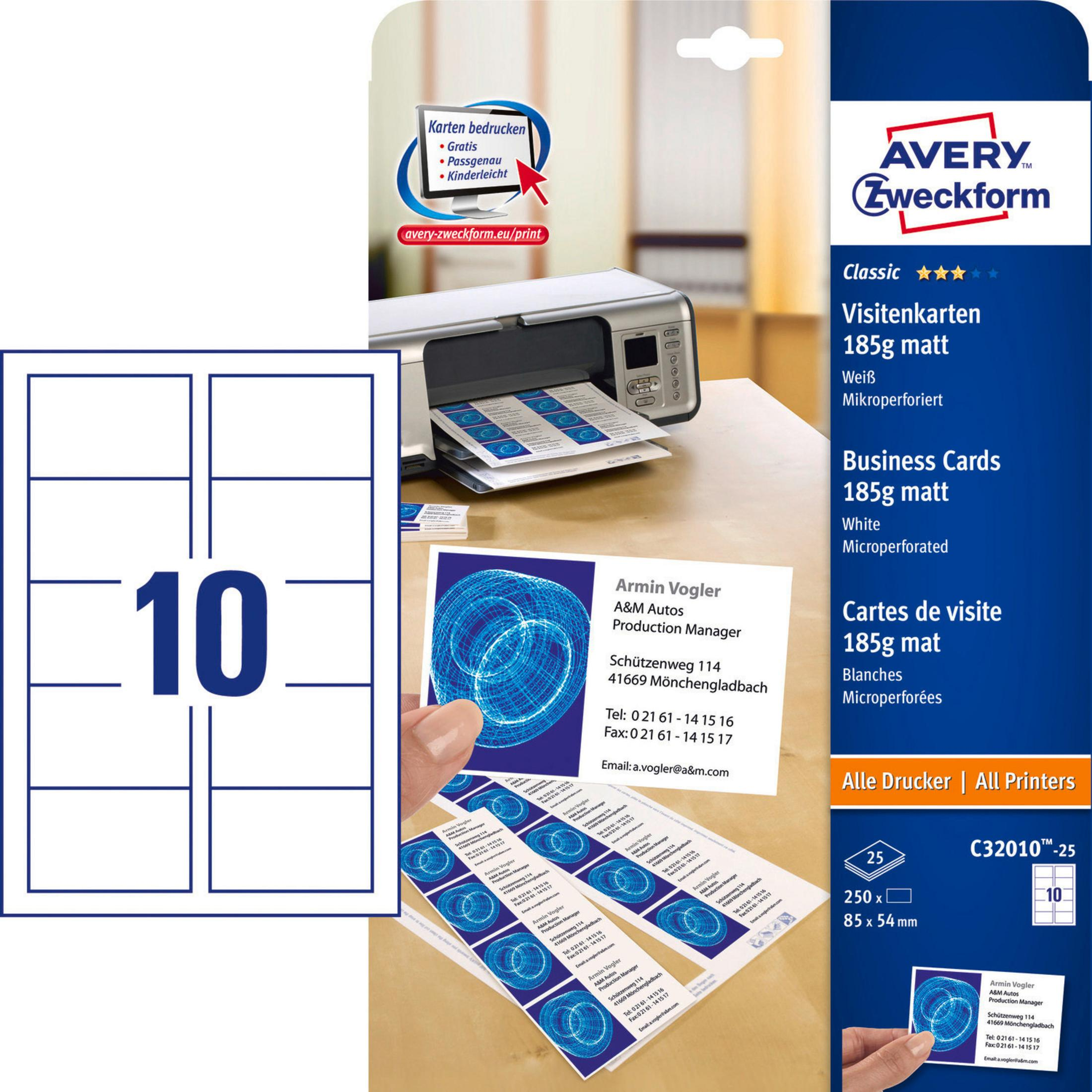 Blätter mit Visitenkarten mit dem Text "Avery Zweckform" auf der Verpackung.
