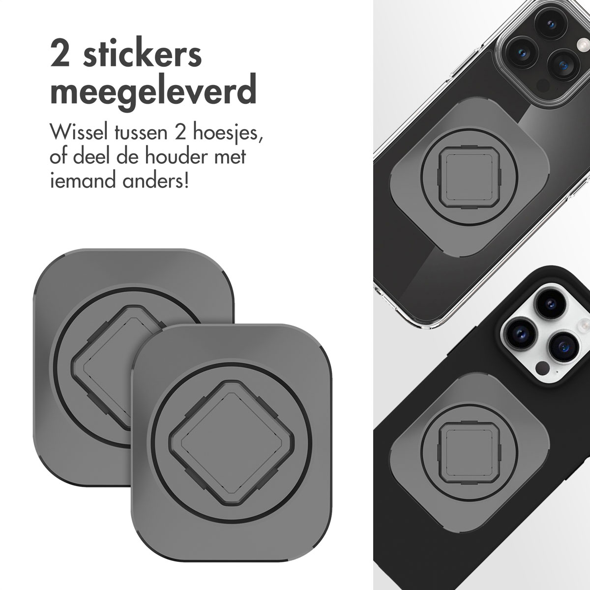 Twee grijze stickers met een telefoonhoesje op een zwarte telefoon en een doorzichtige hoes.