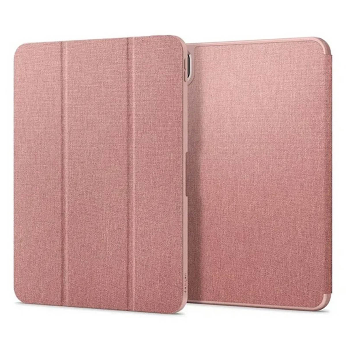 Roze tablethoes. Deze is open, met een stoffen textuur. Op een witte achtergrond.