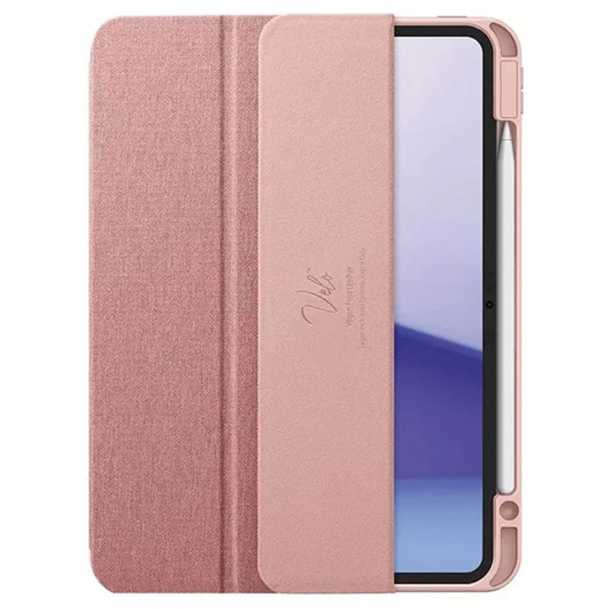 Roze tablethoes met een roze tablet erin en een witte stylus.