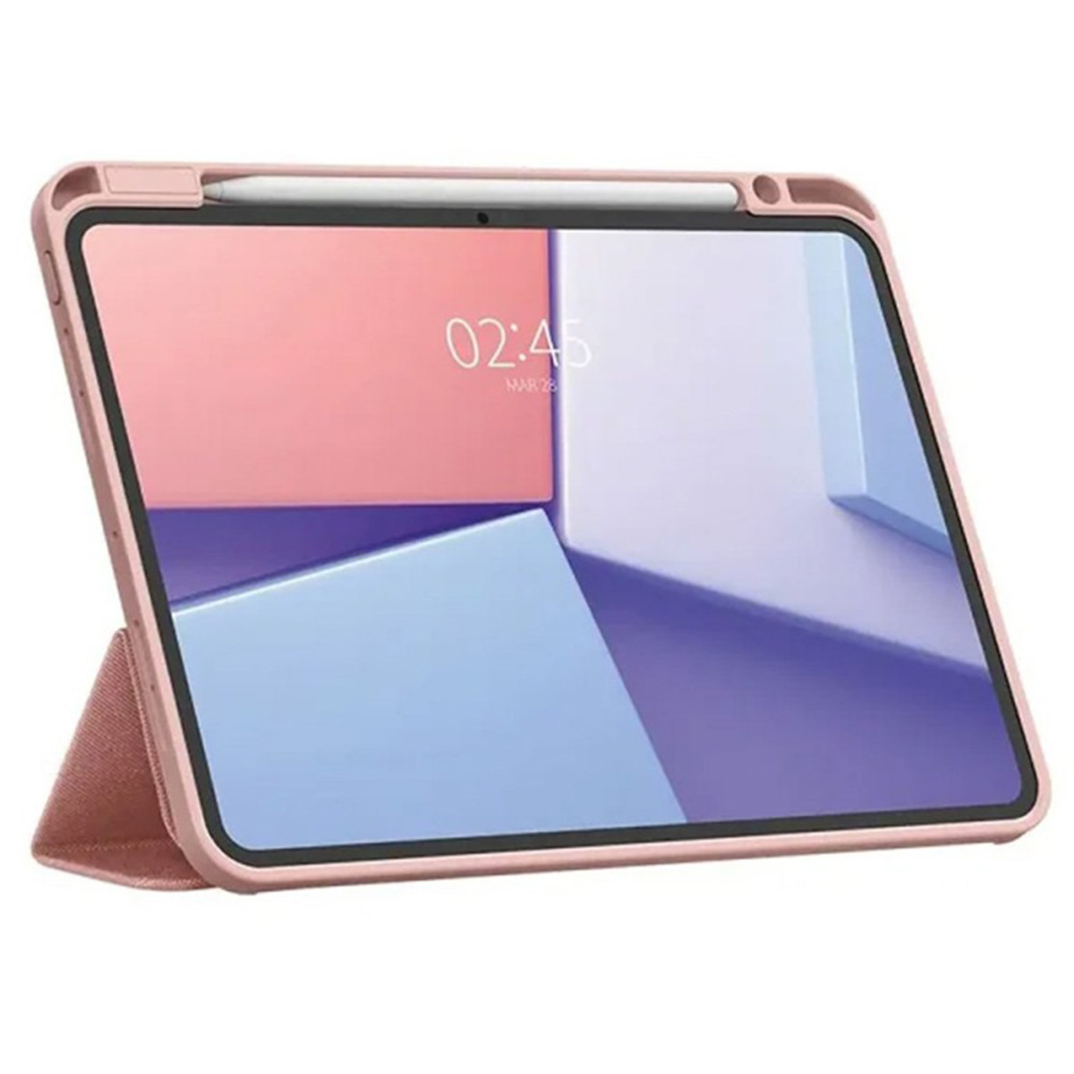 Roze tablet met een hoes. De hoes heeft een standaard en een pennensleuf. Het scherm staat aan.