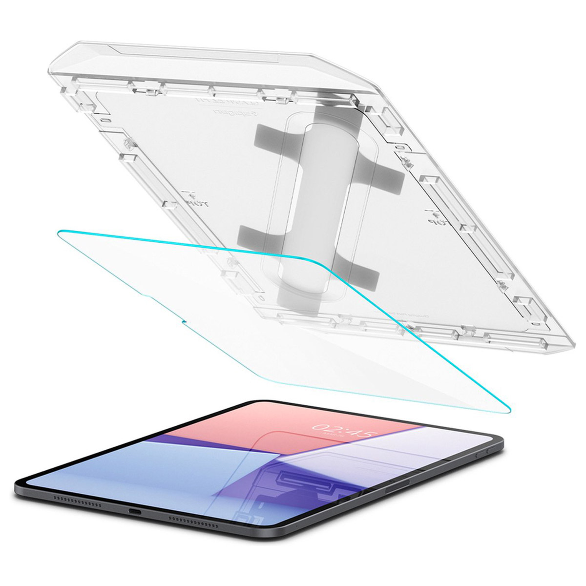 Tablet e protezione schermo. Protezione trasparente sopra il tablet. Linea blu mostra l'allineamento.