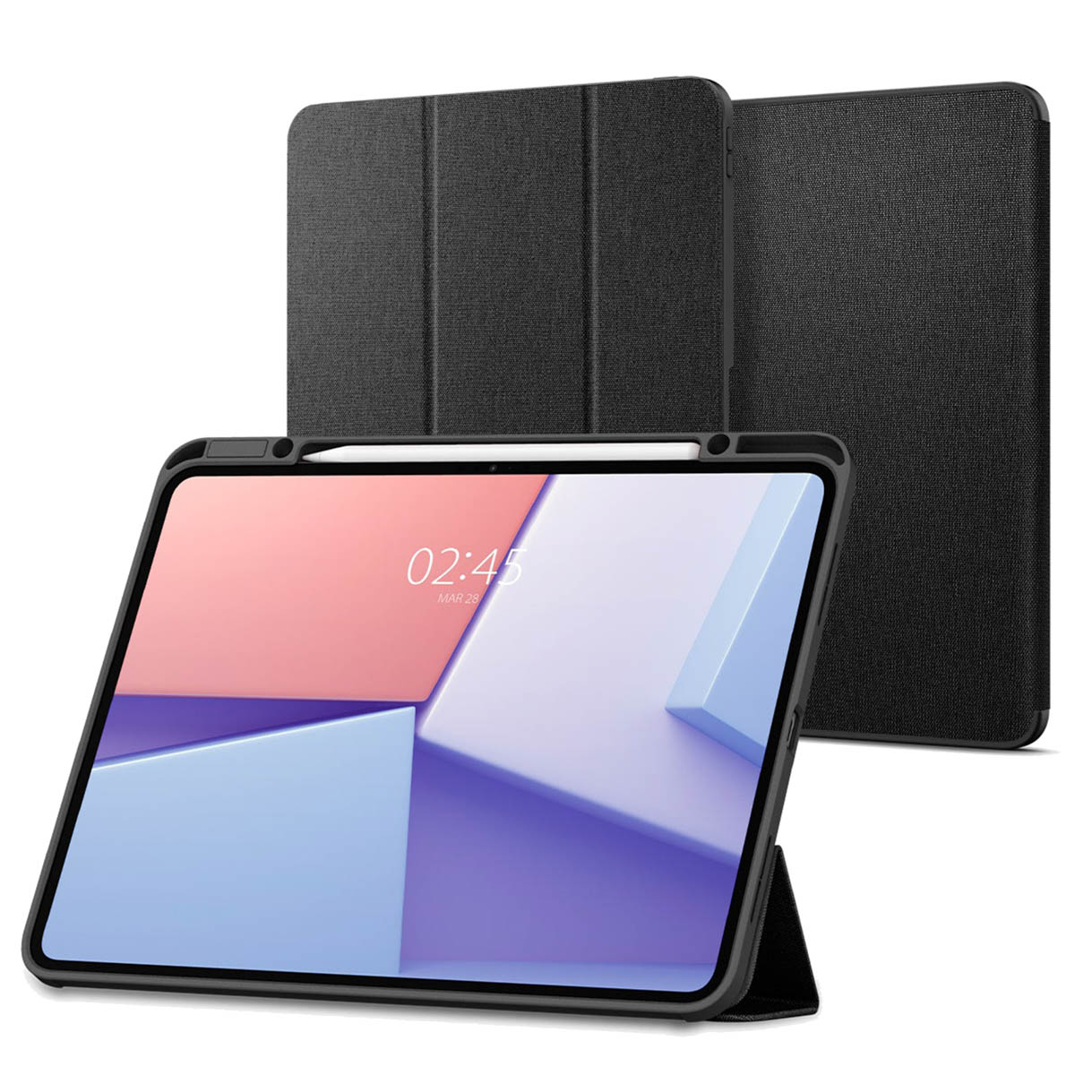 Tablette avec étui, ouverte montrant l'écran et le stylet.