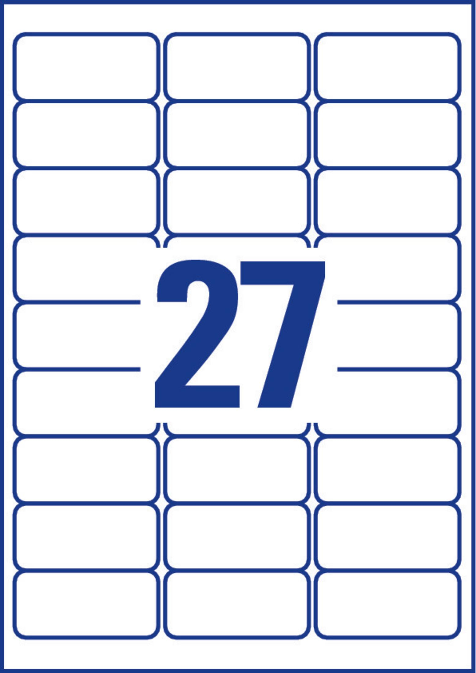 Ein Bogen weißer Etiketten mit der Zahl 27 in Blau aufgedruckt.