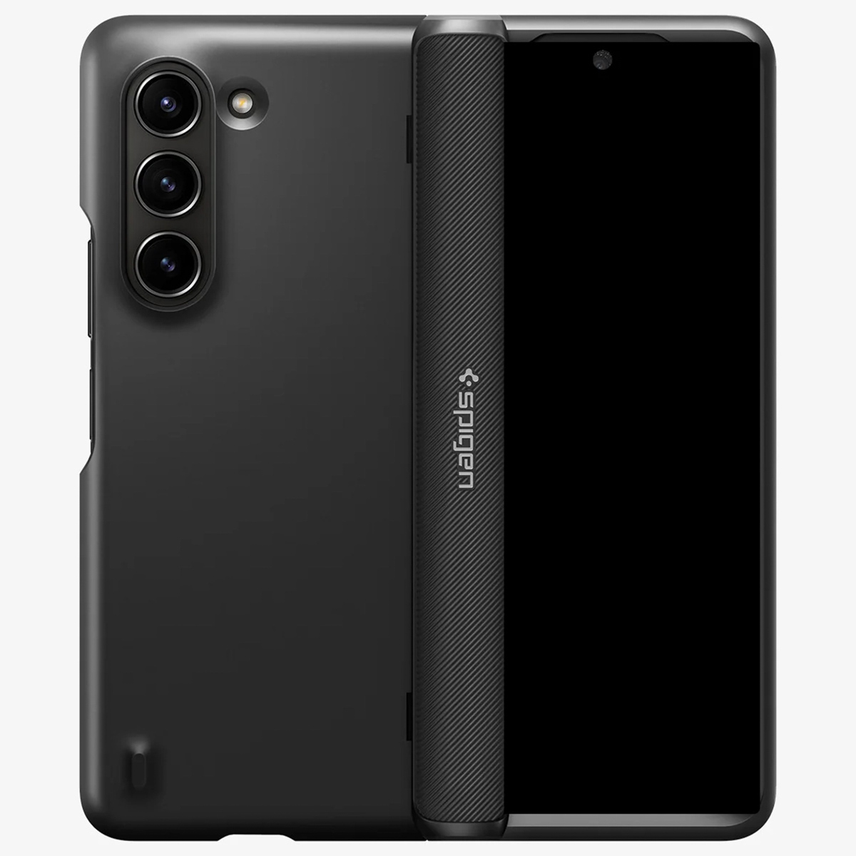 Coque de téléphone noire avec trois caméras à l'arrière et logo Spigen sur le côté.
