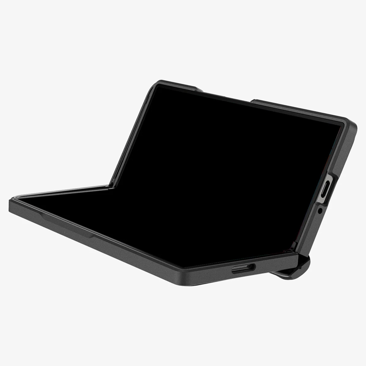 Étui de tablette noir pliable, ouvert pour révéler un écran noir, incliné.