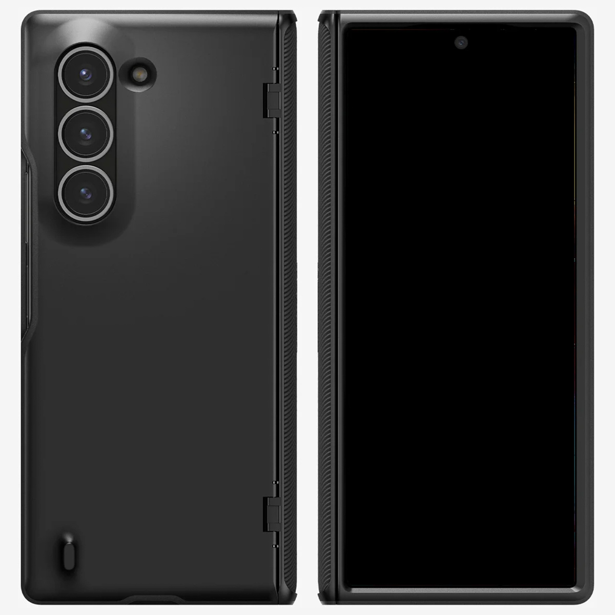 Une coque noire avec trois objectifs d'appareil photo et un écran plié à droite.