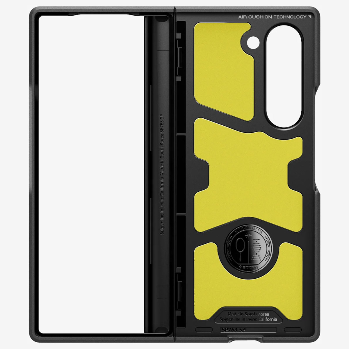Coque noire pour téléphone pliable, montrant l'intérieur avec un rembourrage jaune.