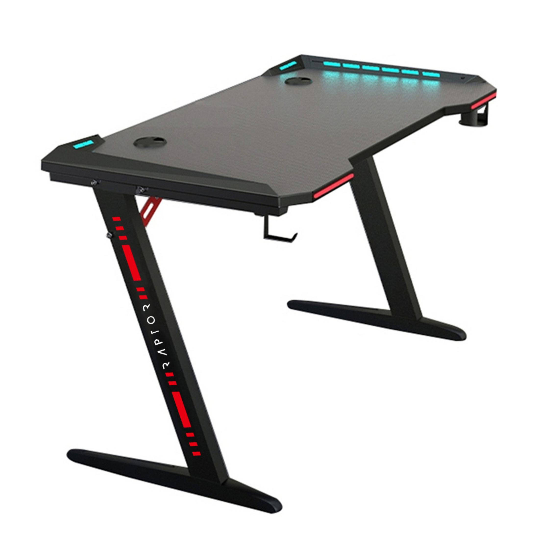 Gaming-Schreibtisch mit schwarz-rotem Design, Z-förmigen Beinen und grauer Oberseite.