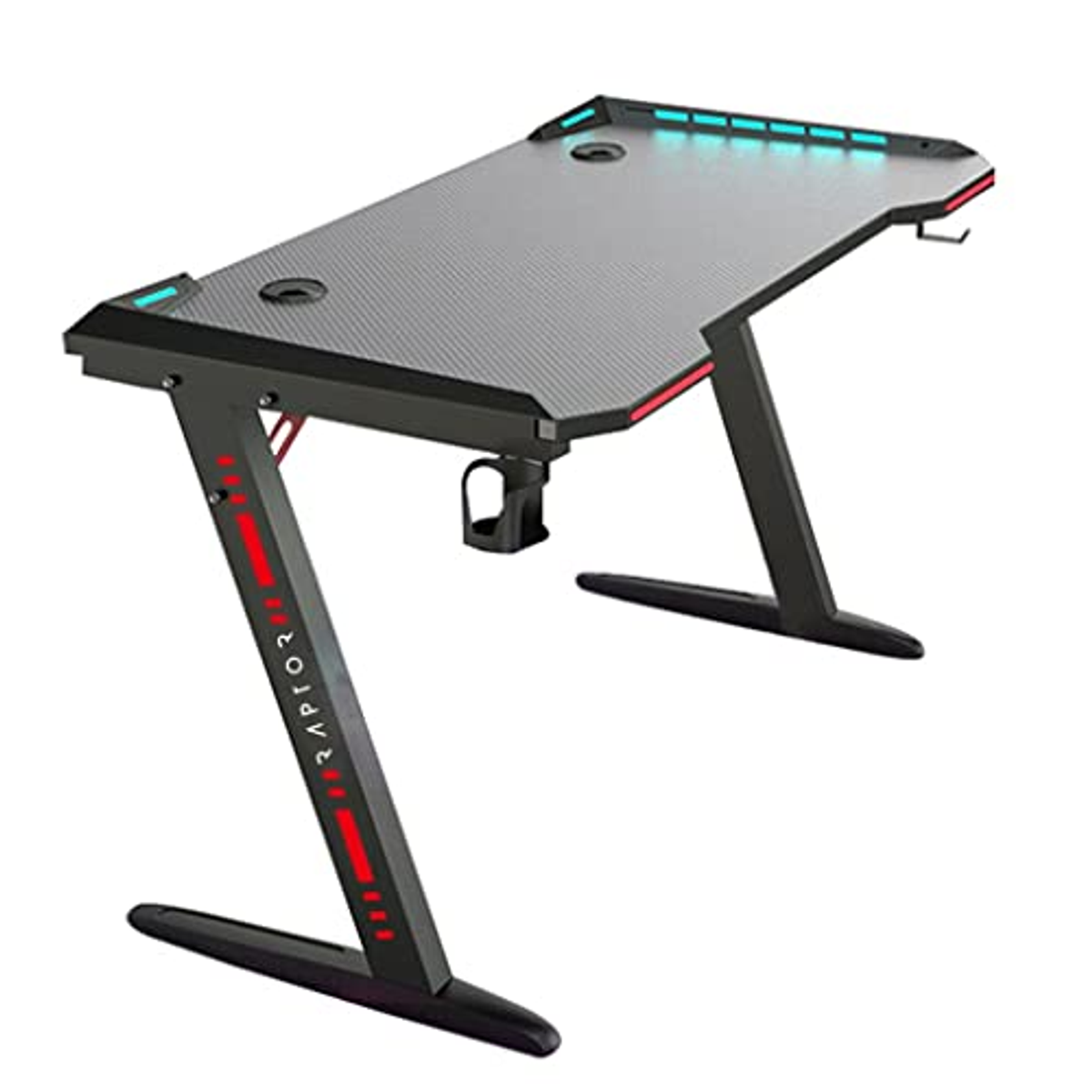 Gaming-Schreibtisch mit Z-förmigem Beindesign. Verfügt über rote und blaue Lichtakzente.