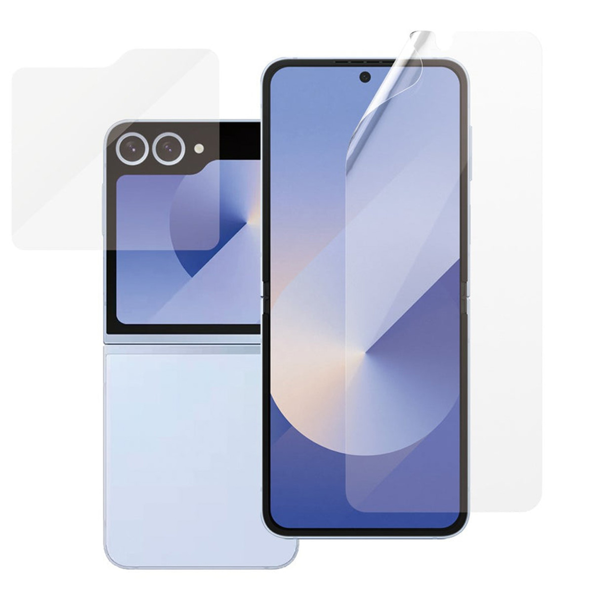 Telefono con proteggi schermo. Telefono e protezione su sfondo bianco.
