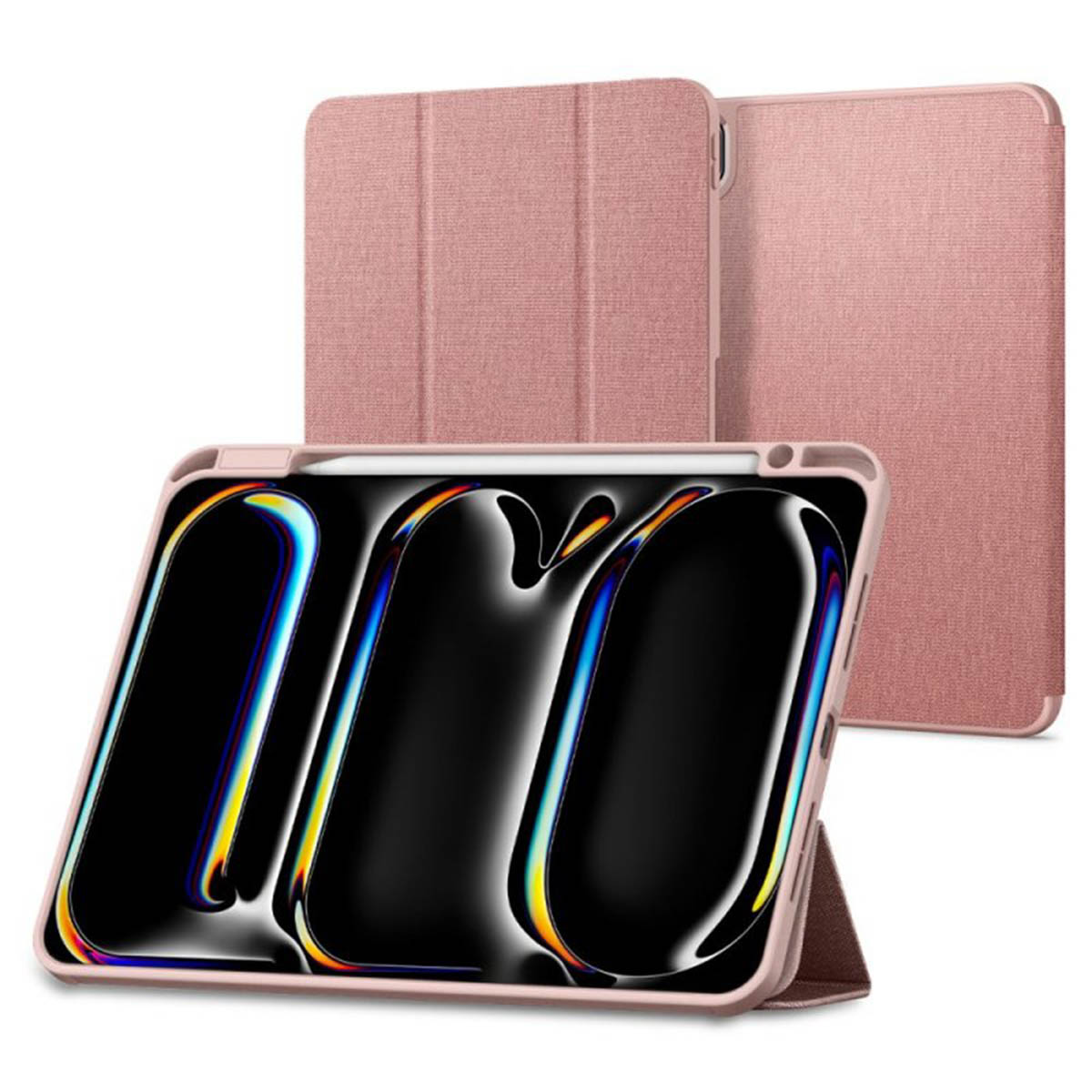 Pink tablet case with tablet inside. Case can stand up. Light pink color. White background.