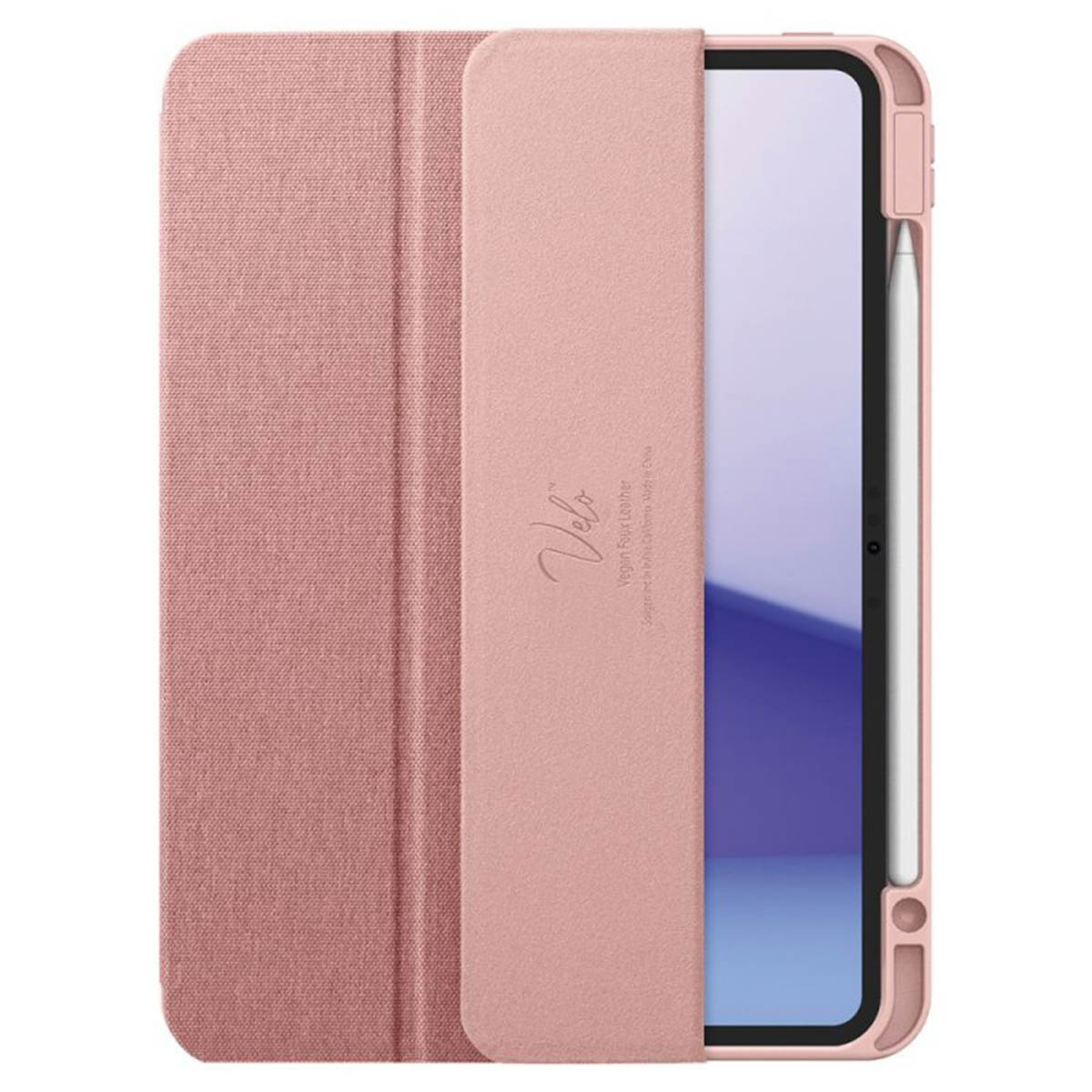 Pink tablet case with a stylus. The case is open, showing the tablet screen.  Velo logo is visible.