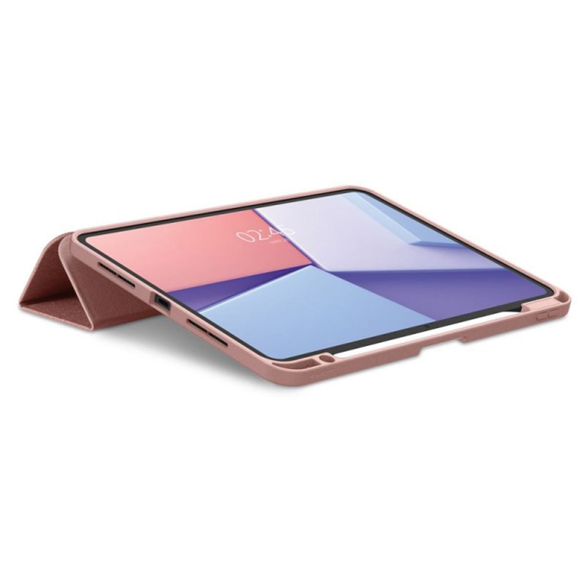 Tablet with pink case open, showing screen. White background.
