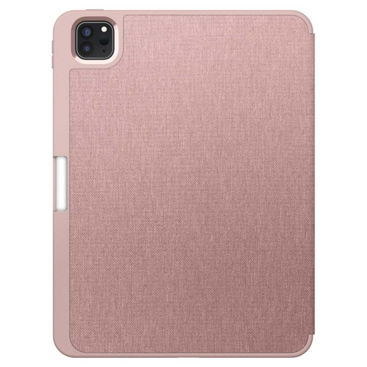 Pink fabric tablet case. White background.