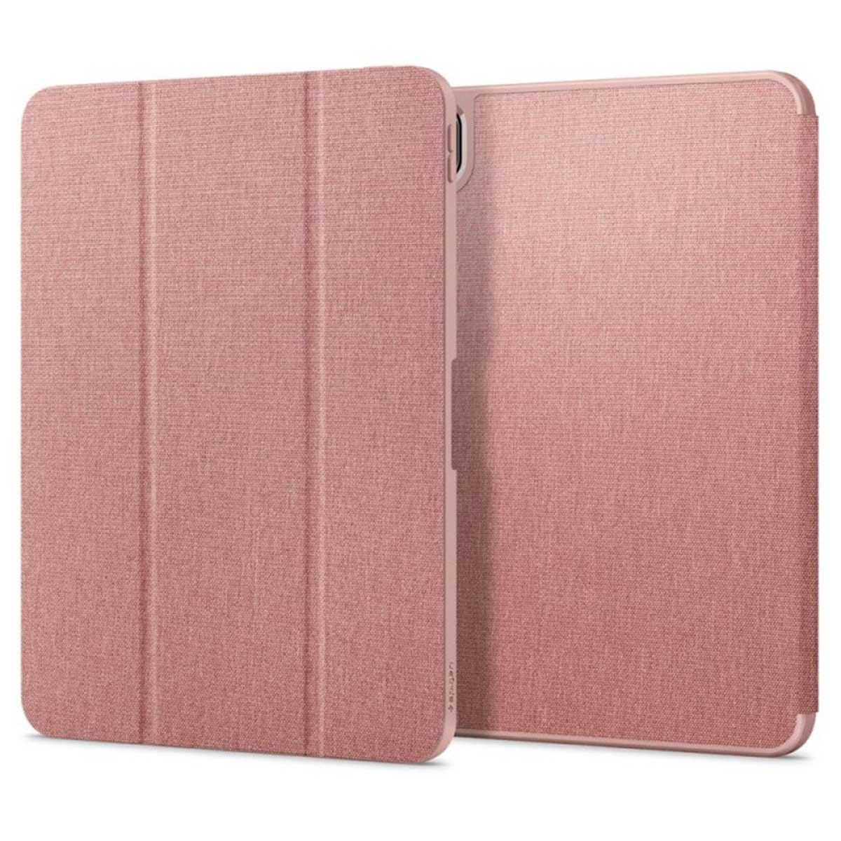 A rose-colored tablet case, open to reveal the screen. Fabric texture visible.