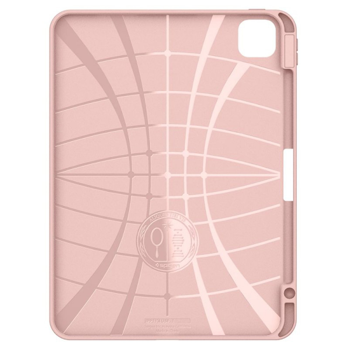 Pink tablet case, back view. Textured pattern, brand logo. White background.