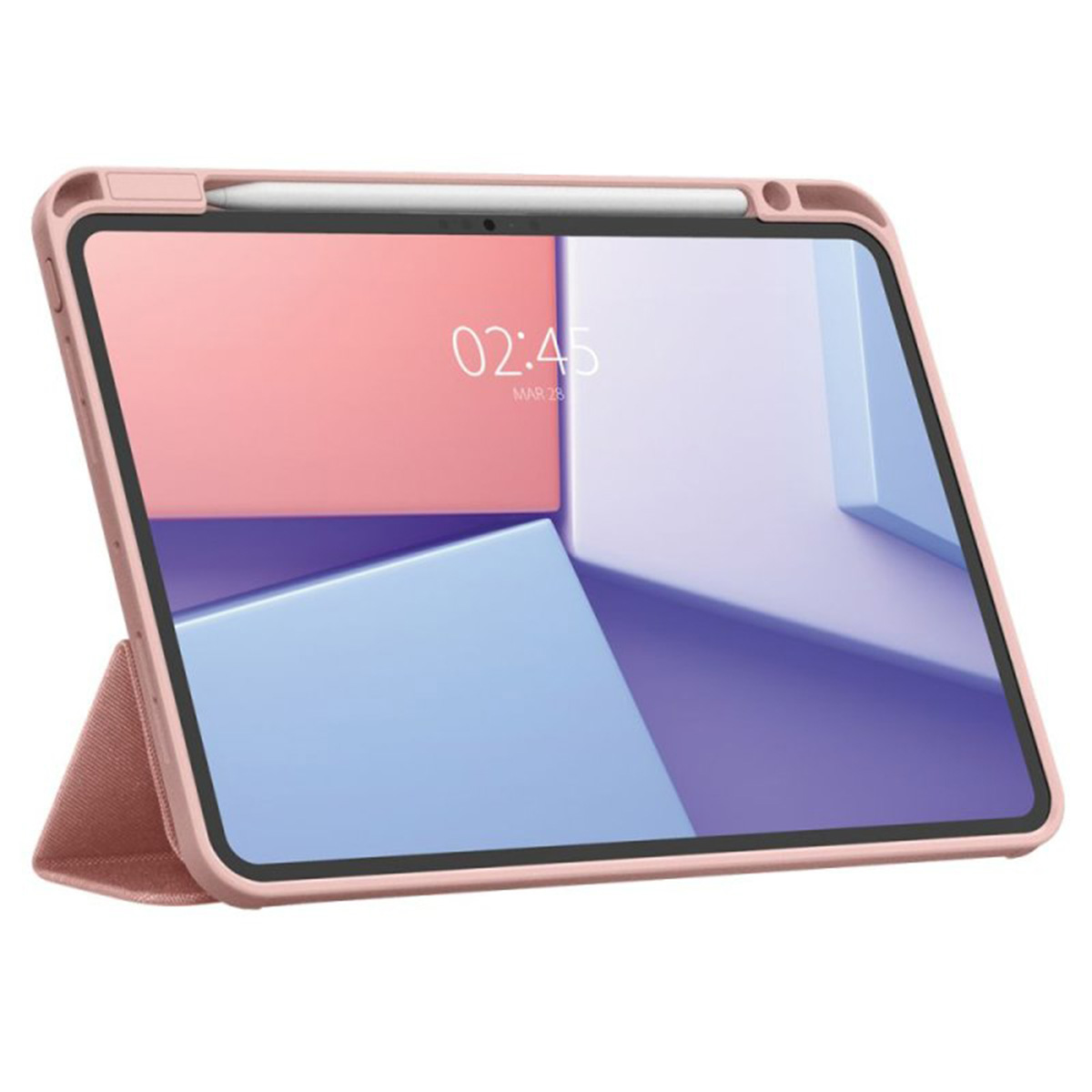 Tablet with pink case and pencil, screen on.