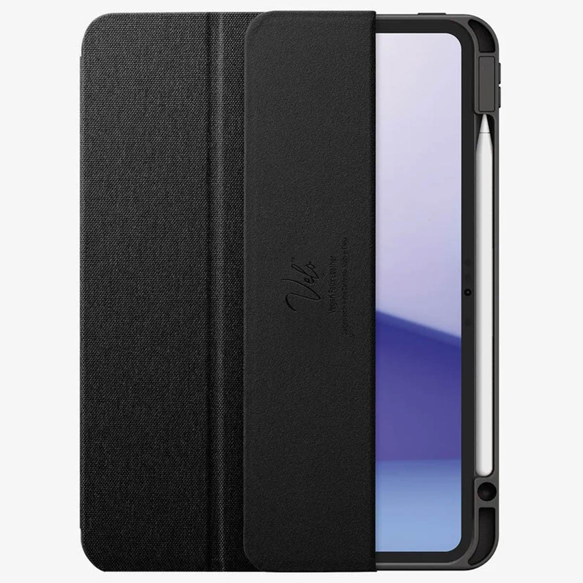 Black tablet case closed and a pencil, with a white background.