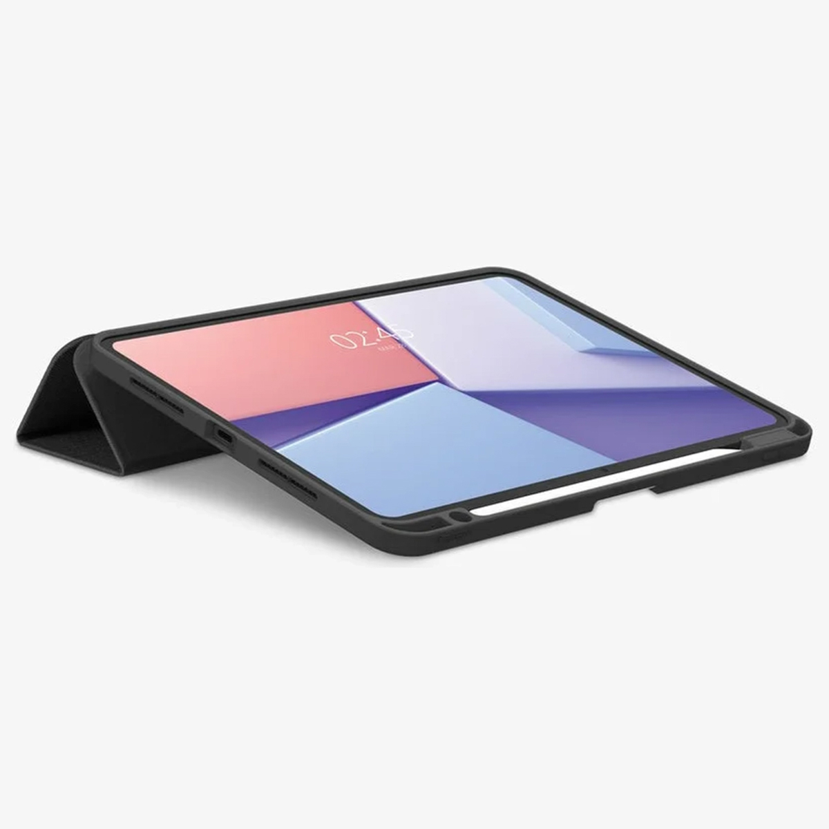 Black tablet case with a stand, displaying a pink and blue screen.