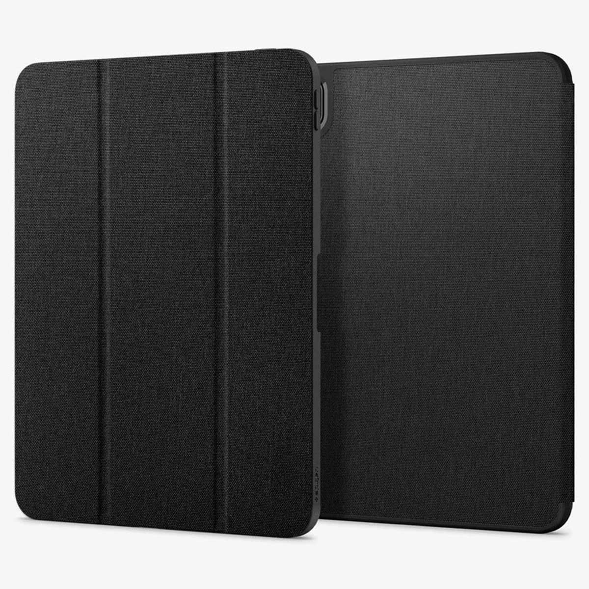 Black iPad case, showing the closed and open side with a black cover. The background is white.