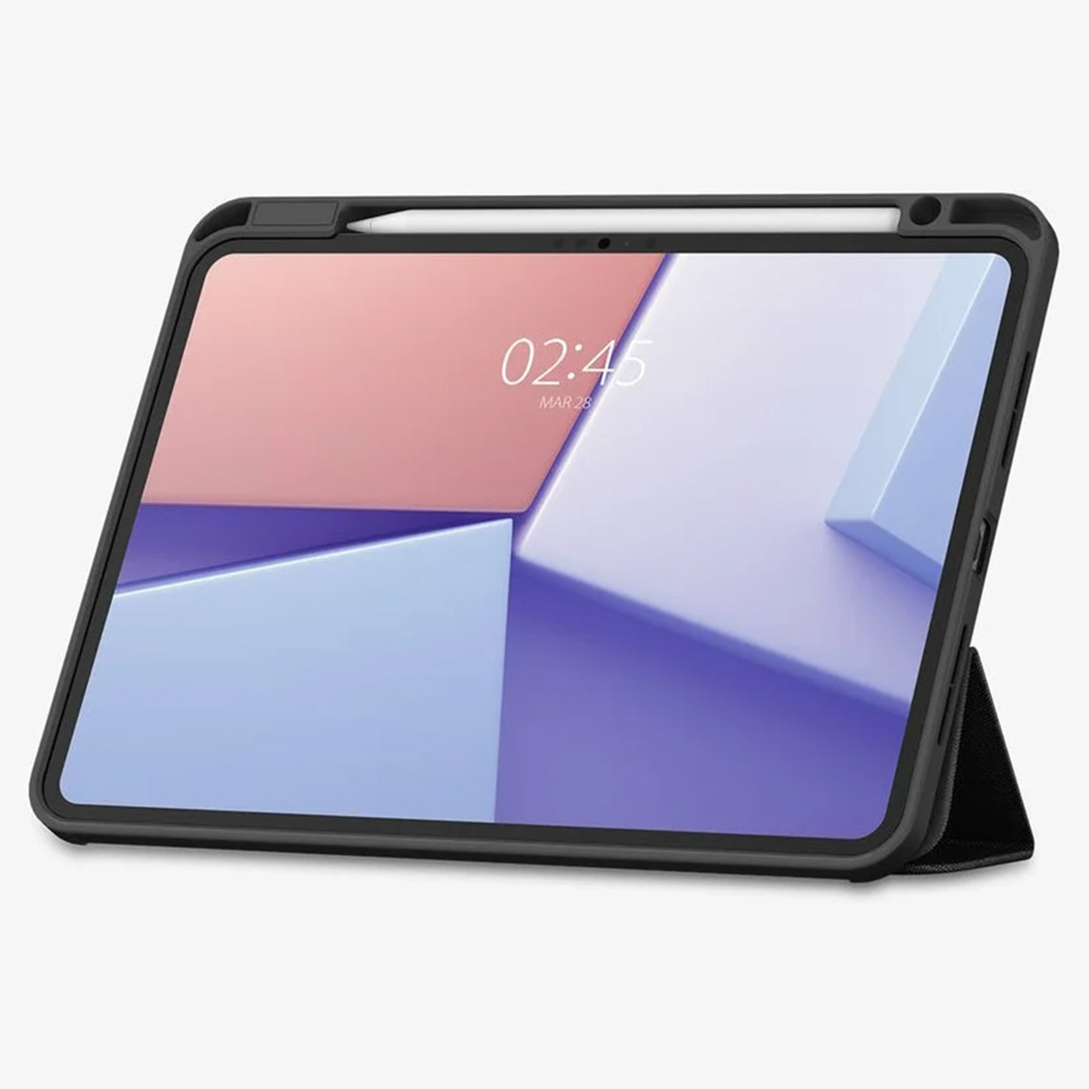 Tablet in black case, stylus pen, white background. Screen shows interface.