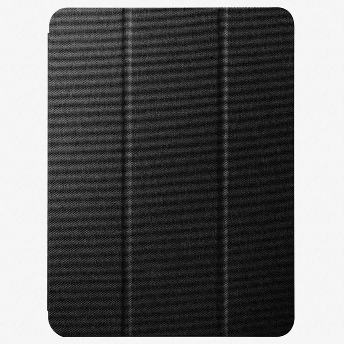 A black tablet cover with a textured surface, with three vertical lines and a closed design.