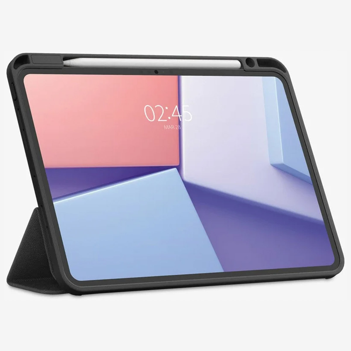 Black tablet in a black case with a white stylus on top.